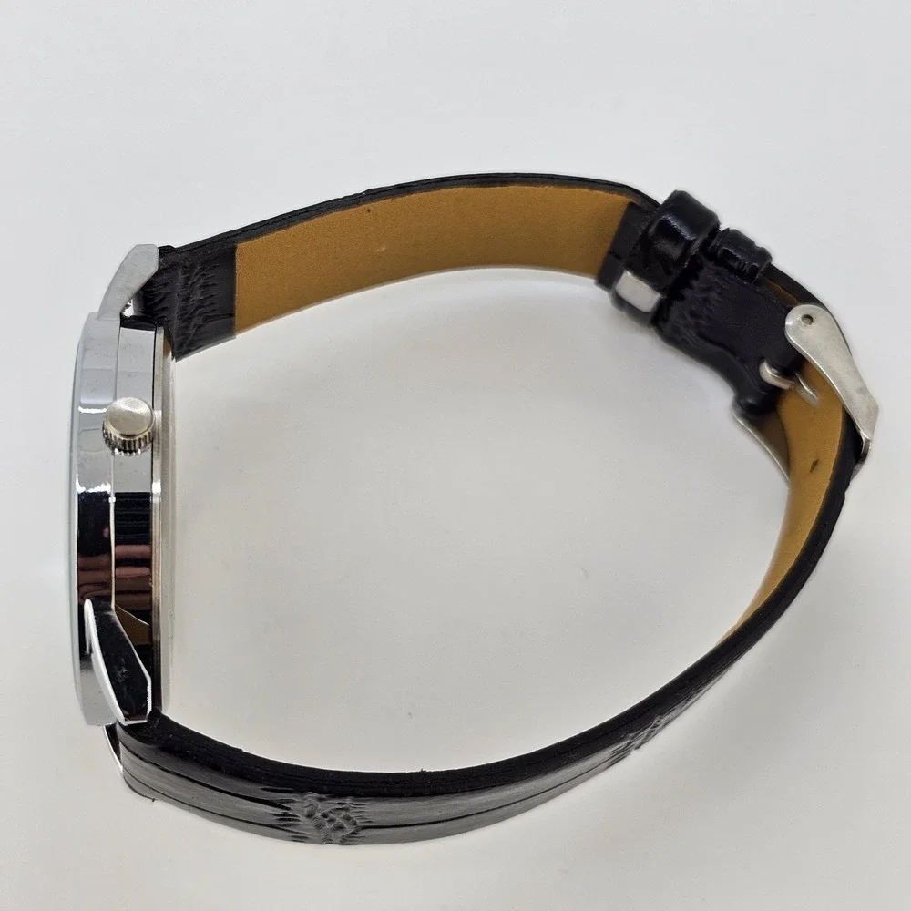 Women's Analog Watch 36MM White Dial Black Faux Leather Bands NEW‎ Battery